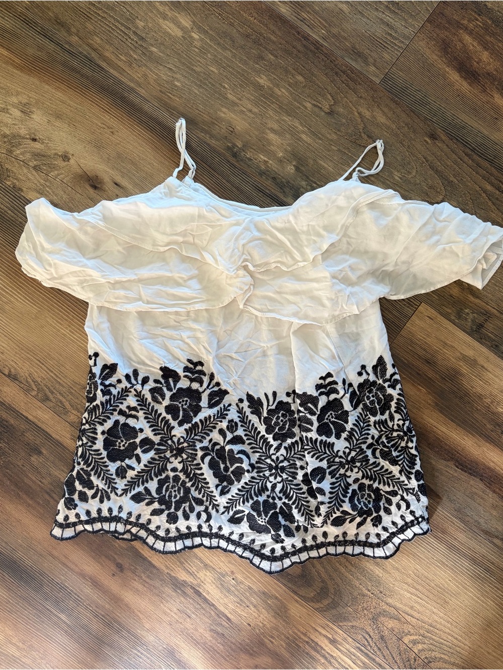 Mossimo Supply Co. White Off-Shoulder Ruffle Top with Black Floral Embroidery